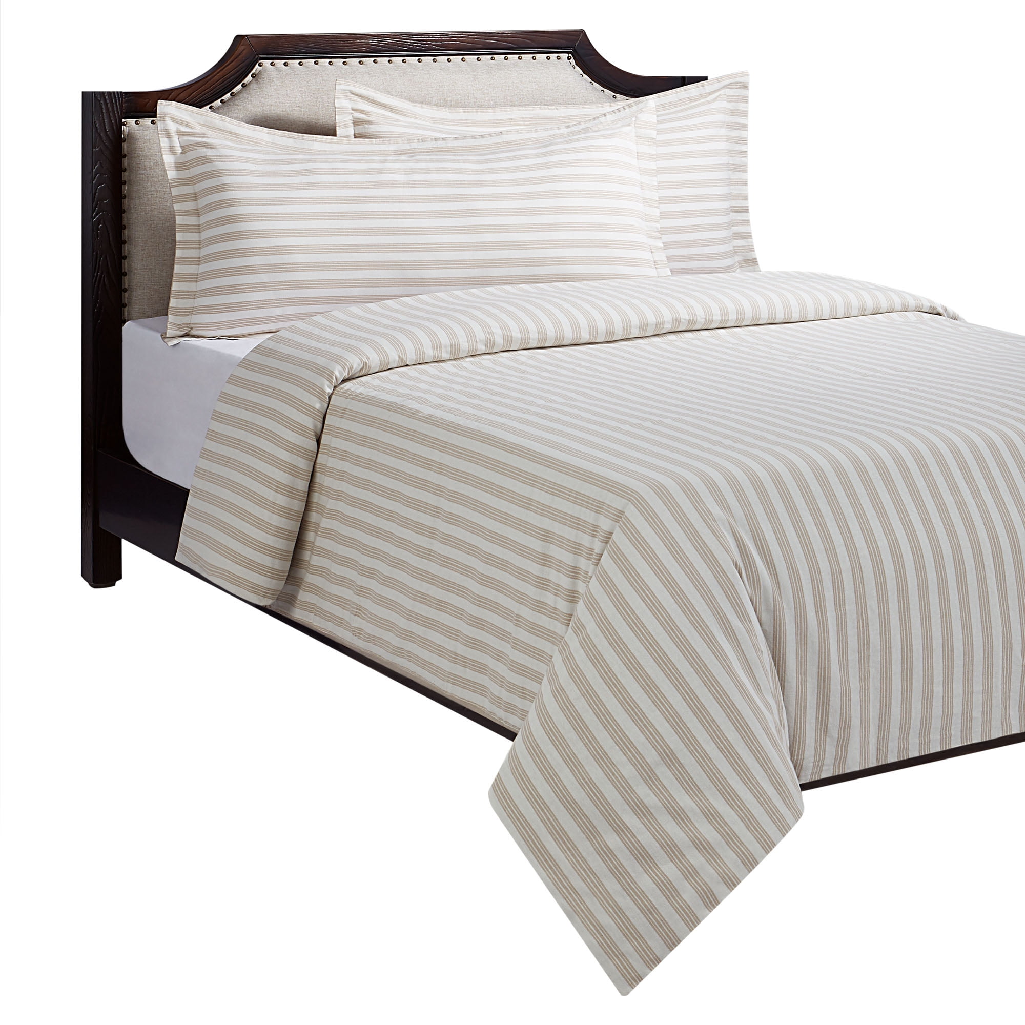 HOMETRENDS 3-Piece Taupe Stripe Duvet Cover Set, Double/Queen, 100% Cotton
