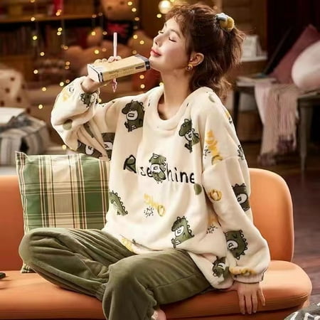 

Autumn Winter New Warm Flannel Women s Pajamas Set Long-sleeved Trousers Two-piece Set Cute Soft Home Wear Clothes for Women