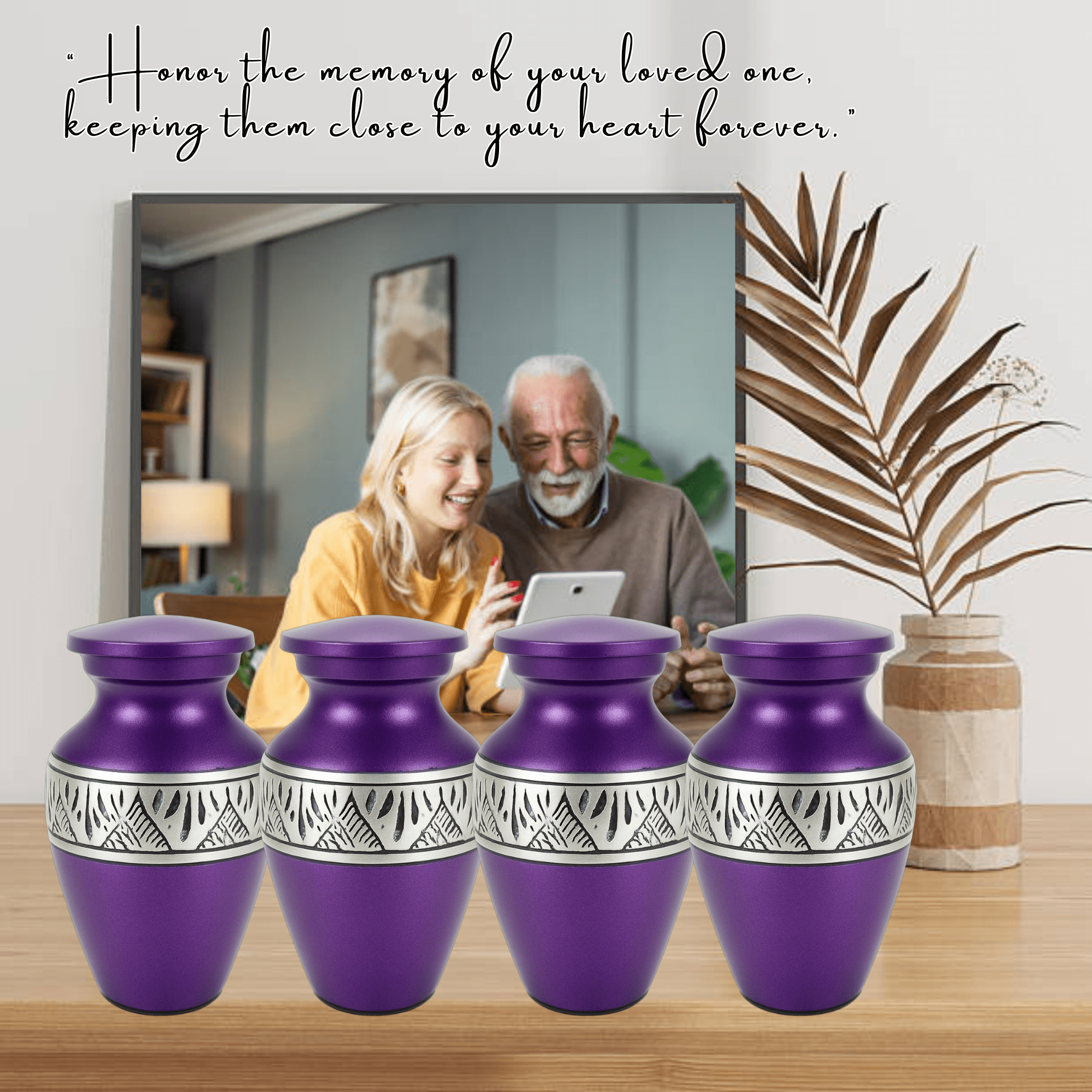 Nova Niche Small Purple Aluminium Cremation Urns for Human Ashes – Mini Memorial Keepsake Set of 4 with Velvet Case