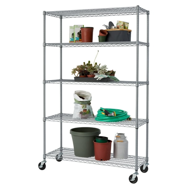 Trinity TBFPS664 5 Tier Outdoor Wire Shelving Rack with Wheels Gray