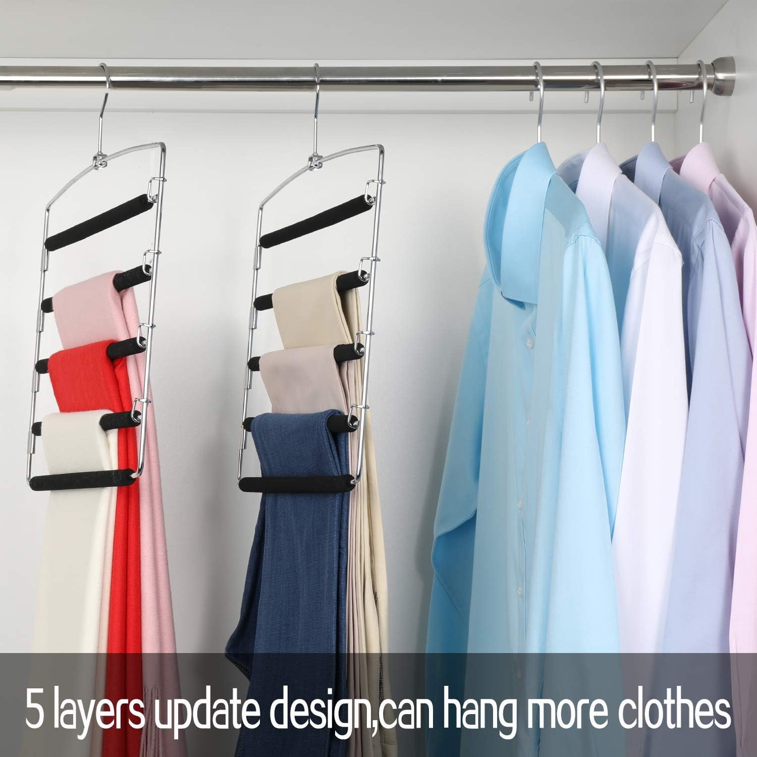 Manss Pants Hangers, 3 Pack Anti-Slip Space Saving Hangers, 5 Layer Swing Arm Pants Hanger Stainless Steel with Non-Slip Padding, Closet Organizers & Storage(Black)