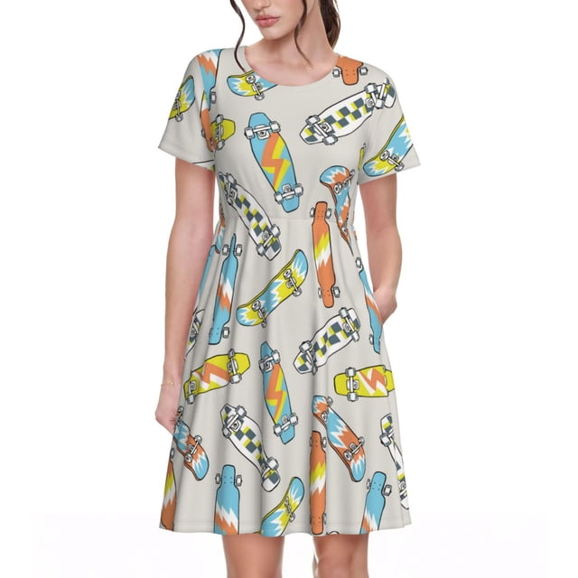 Bixox Robe d'Été à Manches Courtes pour Femmes Robe Ample Longueur Genou avec Poches-Planche à Roulettes