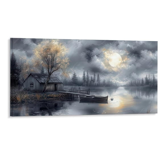 48x24 Inch Framed Canvas Print Moonlight Lake Cabin Landscape Art Wall Decor for Living Room Bedroom Home Decor