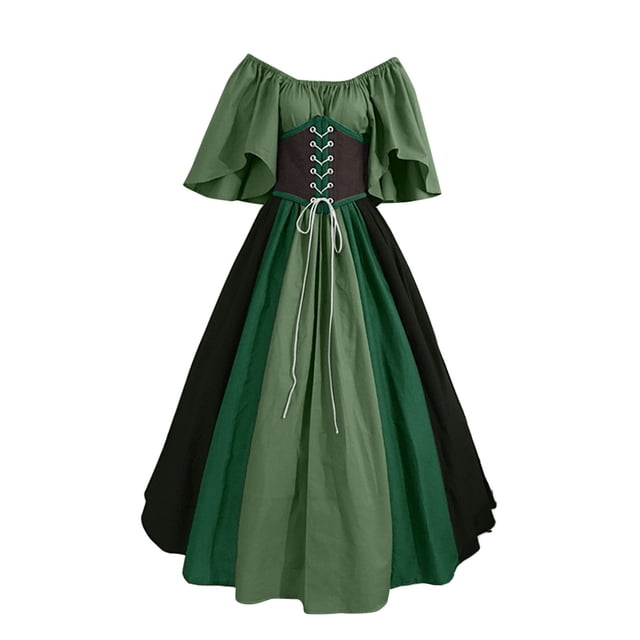 Liyamei Médiéval pour Femmes Robe Chemise Irlandaise à Manches Trompette avec Corset Robe Traditionnelle Femmes Robe Corset Rétro Gothique Manches Longues Vert TG