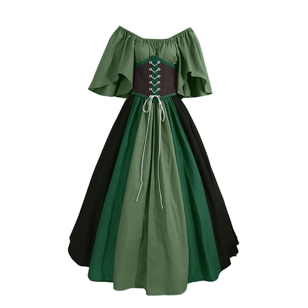 Gibobby Vestido Elegante Disfraz medieval para mujer Vestido de camisa irlandesa con manga de trompeta con corsé Vestido tradicional Halloween Disfraces de cosplay Vestido de corsé manga(Verde, S)