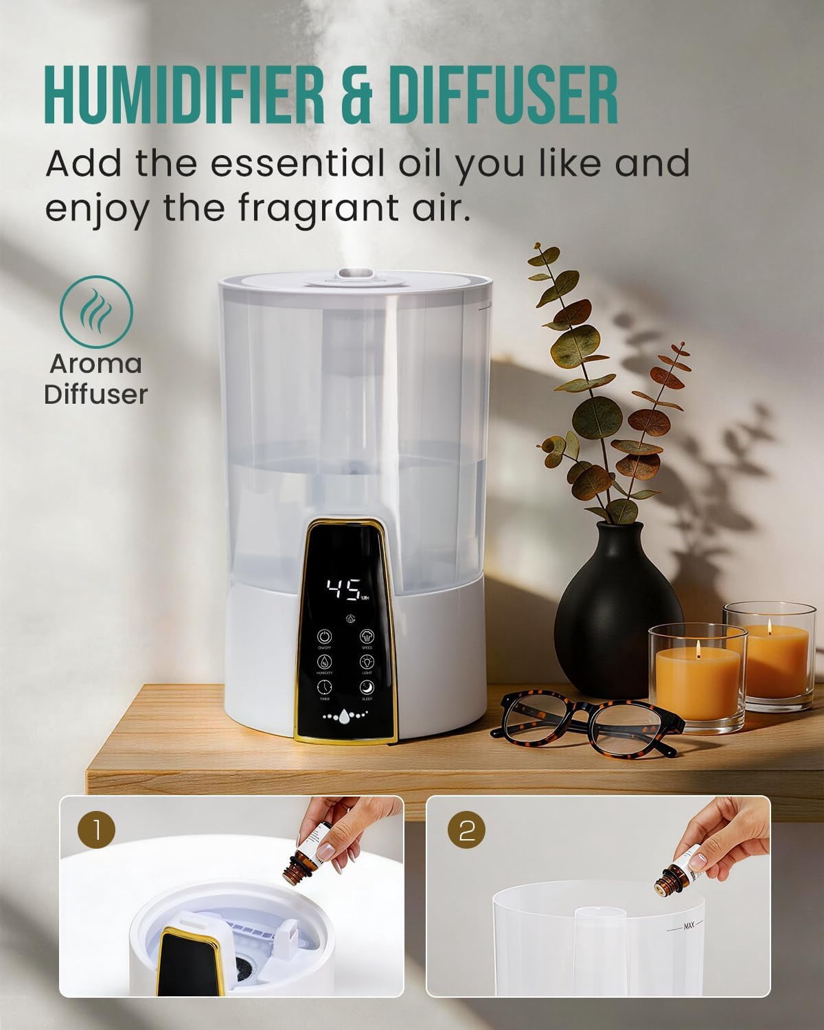 Humidifiers for Bedroom,1.06Gal(4L) Dishwasher Safe Design Easy to Clean,Top Fill,Night Light,Aroma Diffuser,Humidity Control,12H Timer,Sleep Mode,3 Level Mist, Home,Nursery, White