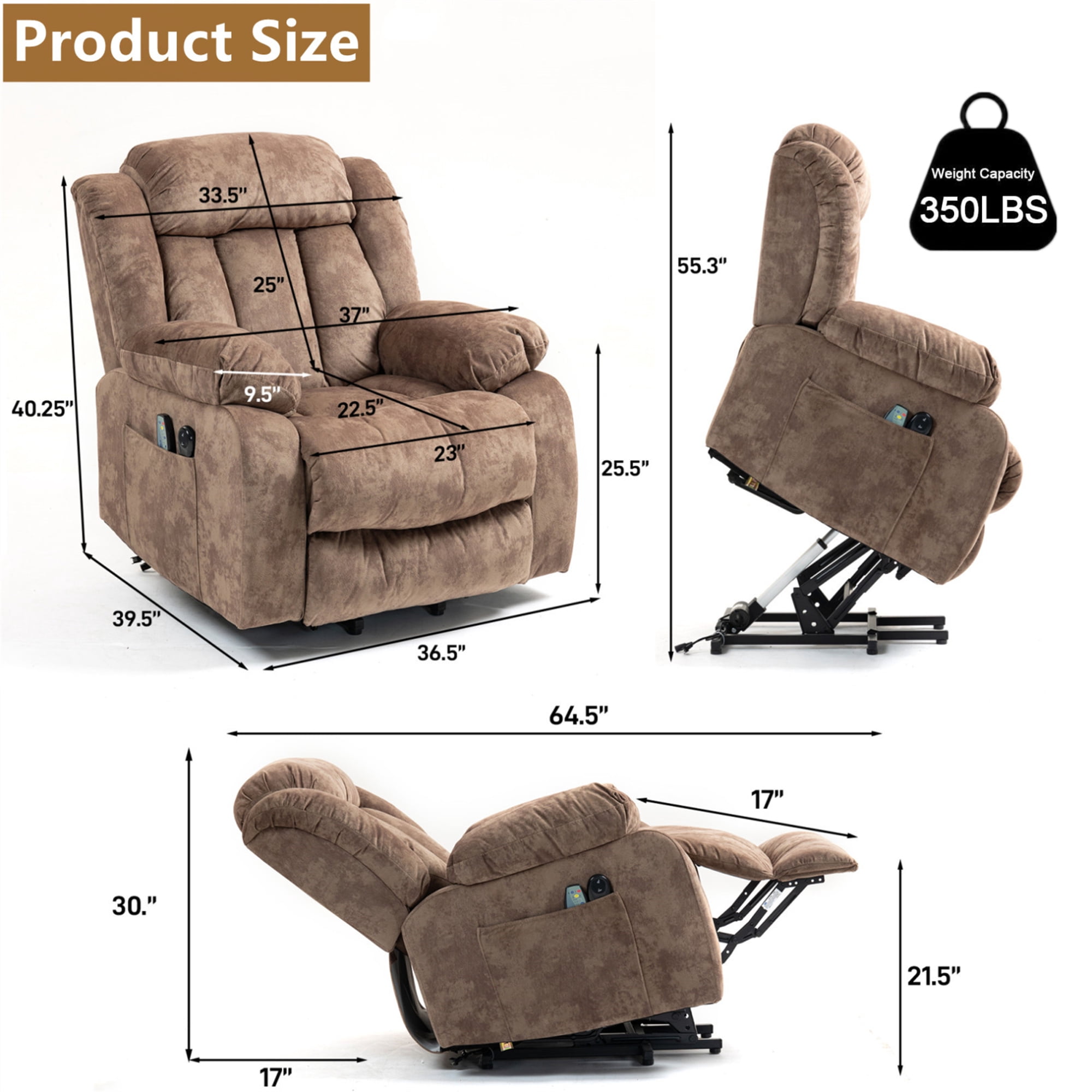 Aukfa Power Lift Recliner with Massage&Heat for Elderly, 23" Deep Seat Armchair, Infinite Position, Brown