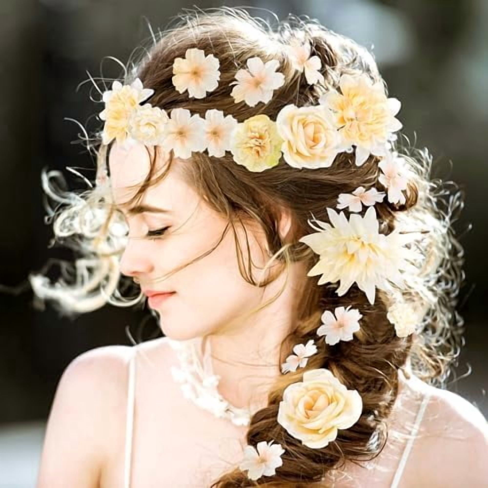 56 Pcs Champagne Artificial Flower Bulk, Fake Flower Heads for Crafts - Faux Mini Fabric Rose Daisy Hydrangea Carnation Mix for DIY Wedding Bouquets Garland Hair Cap Cake Party Home Decoration