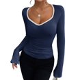 thumbnail image 2 of Camiseta de Larga con Cuello Redondo Estilo Y2K para Mujer, de Color Liso, Ideal para , Otoño e Invierno. para un Look Casual de Negocios. Azul Marino L, 2 of 7