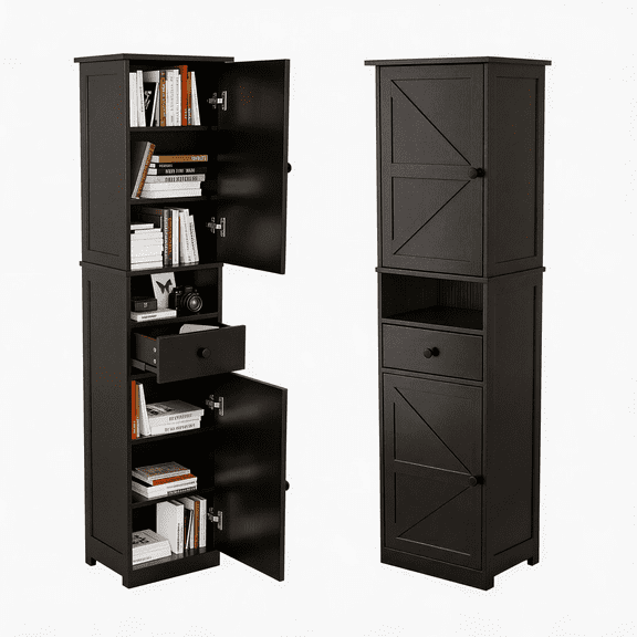 LAUSAINT HOME Bathroom Storage Cabinet, Tall Black Storage Cabinet with 2 Doors  for Home, Kitchen