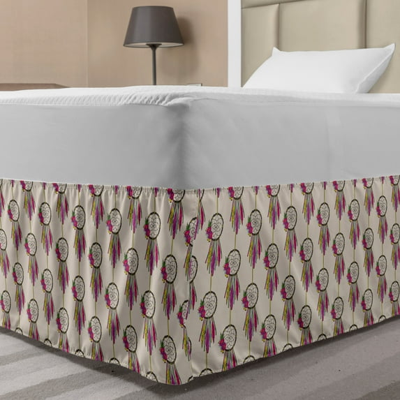 Boho Bed Skirt, Continuous Pattern with Colorful Feathered and Floral Dreamcatchers, Elastic Bedskirt Dust Ruffle Wrap Around for Bedding Decor, 4 Sizes, Pale Tan Multicolor, by Ambesonne