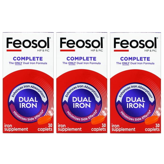 3 Pack Feosol Complete Bifera HIP & PIC Iron Supplement 30 Caplets Each