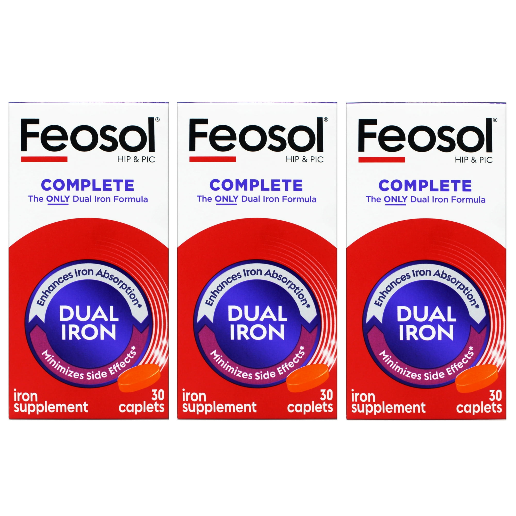 3 Pack Feosol Complete Bifera HIP & PIC Iron Supplement 30 Caplets Each