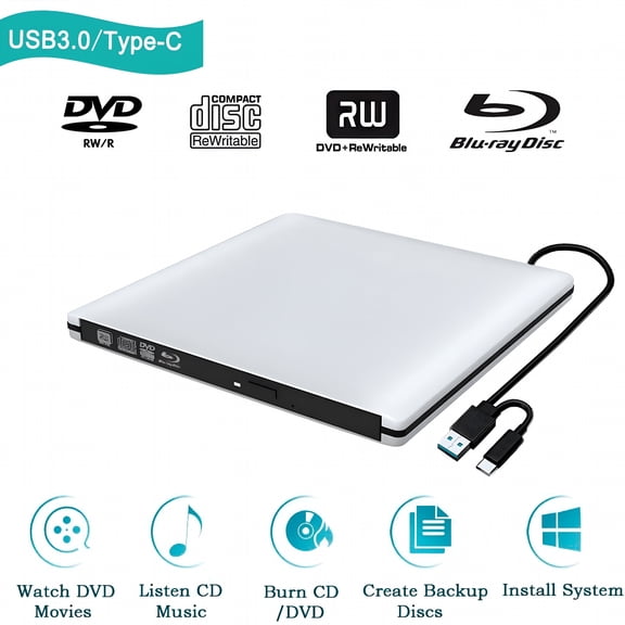 GJX External 3D Blu Ray Cd Dvd Drive,Portable Usb 3.0 and Type-C Blu-Ray Cd/Dvd+/-Rw Burner Player Writer Reader Rewriter for Pc,Netbook,Laptop,Desktop with Mac Os Windows Silver