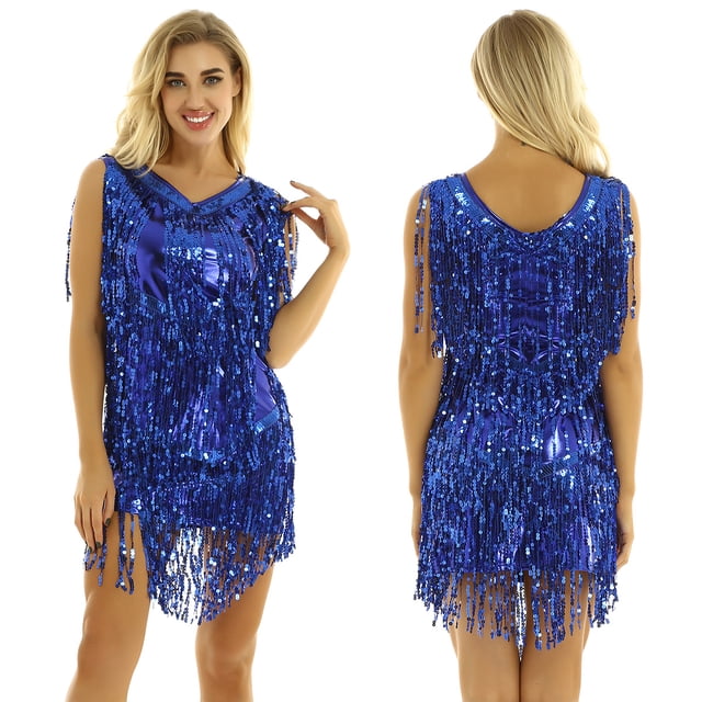 TiaoBug Robe Sans Manches à Col en V pour Femmes Robe à Sequins Brillants à Franges Robe Samba Latin Tango Bleu Royal X