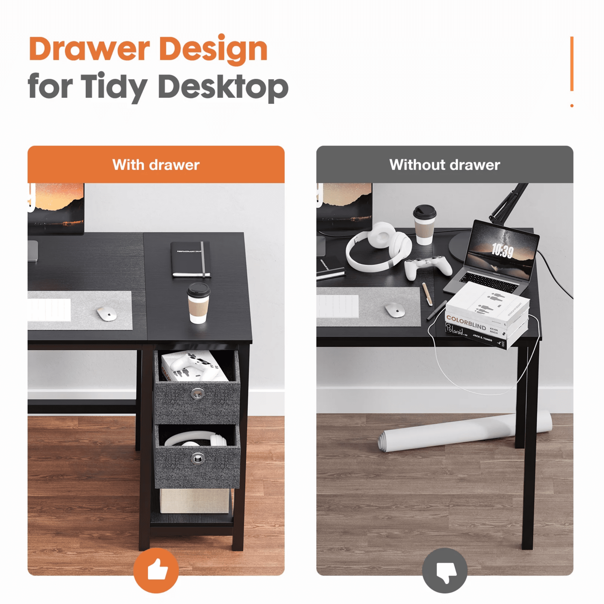edx Computer Desk with Drawer 47 Inch PC Table Study Desk with 2-Tier Drawers Storage Shelf Headphone Hook, Modern Simple Style Laptop Desk for Bedroom, Gaming