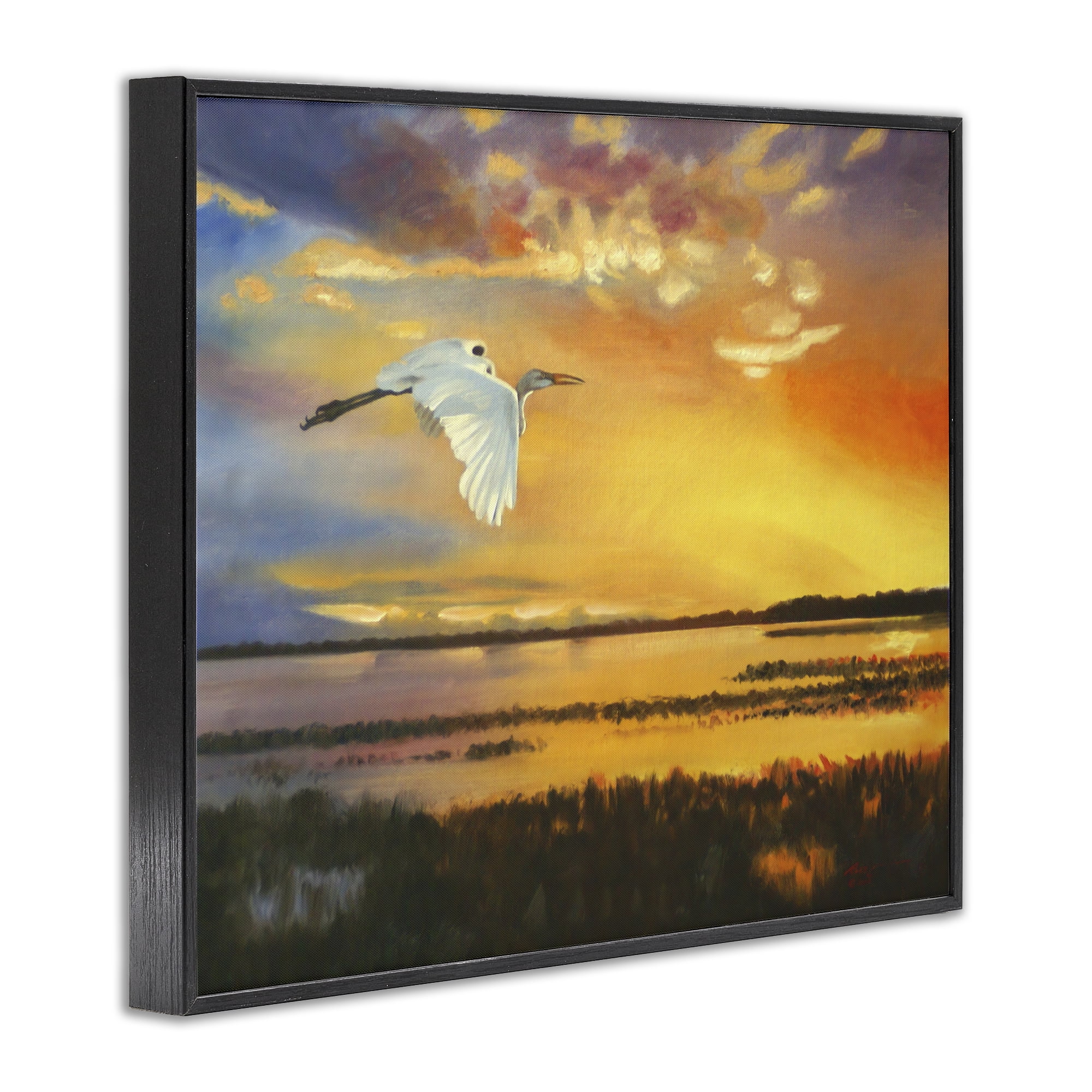 Stupell Industries Bird over Sunlit Pond Landscape Painting Black Framed Art Print Wall Art, 20 x 16