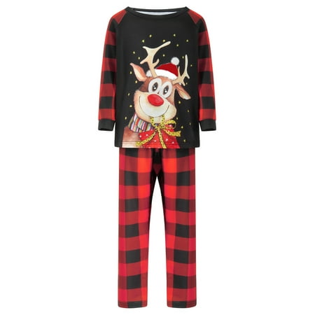 

aturustex Christmas Family Matching Pajamas Set Long Sleeve Elk Print T-shirt +Plaid Pants