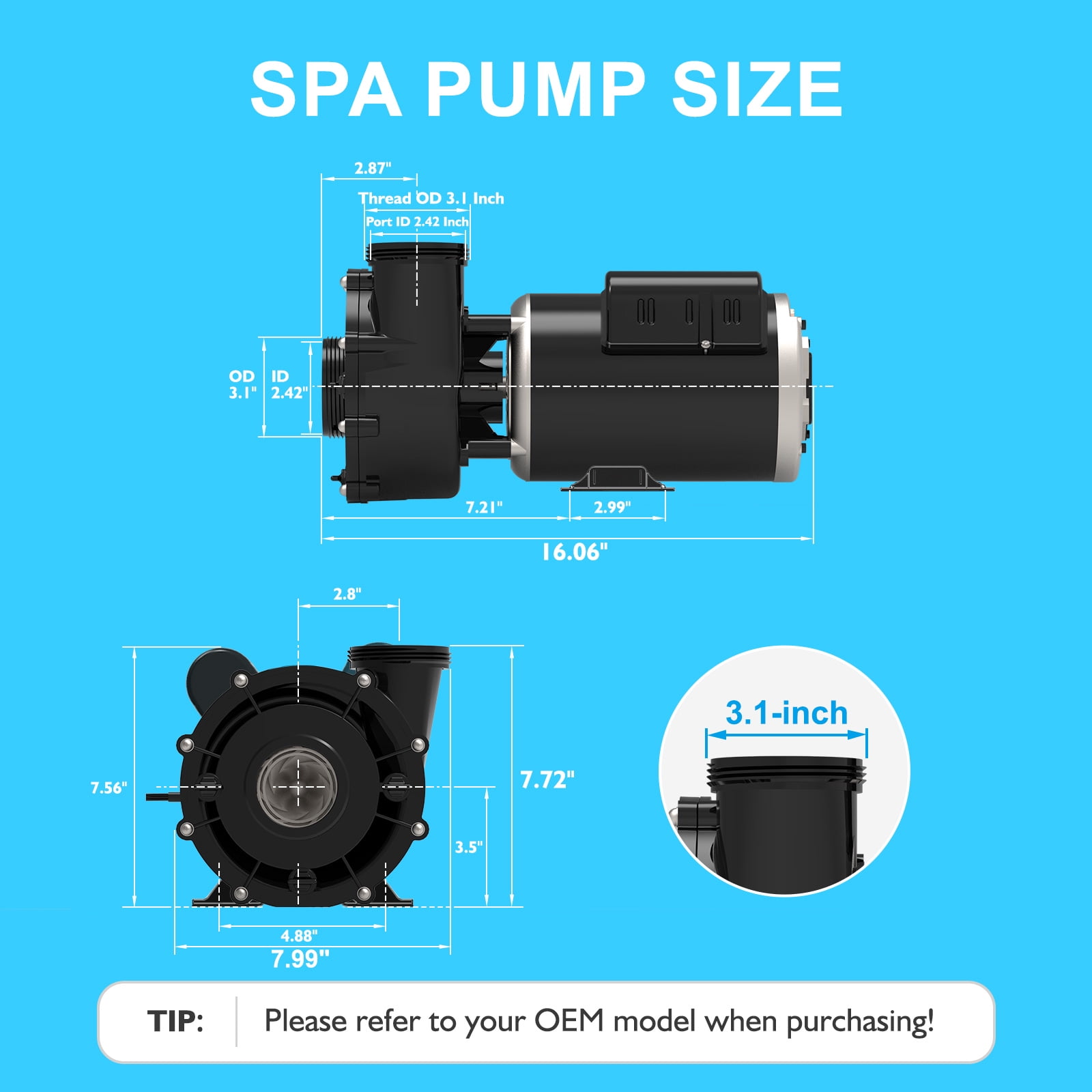 LINGXIAO SPA Pump, Single Speed Hot Tub SPA Pump, 2.5HP LX SPA Pump Motor, (230V or 115V)/60HZ, 2" Port - Model: 48WUA1653C-I