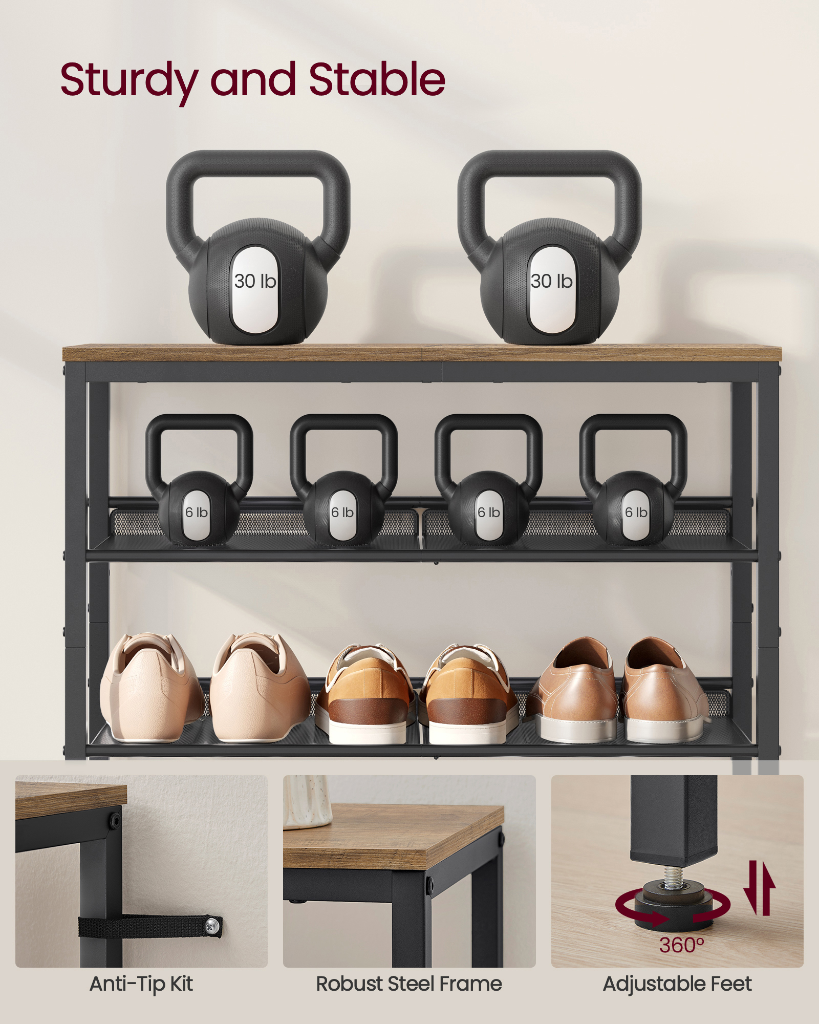 5-Tier Shoe Rack for Entryway, Shoe Storage Organizer for 16-20 Pairs, Wooden Top, Steel Frame - Industrial Honey Brown/Ink Black