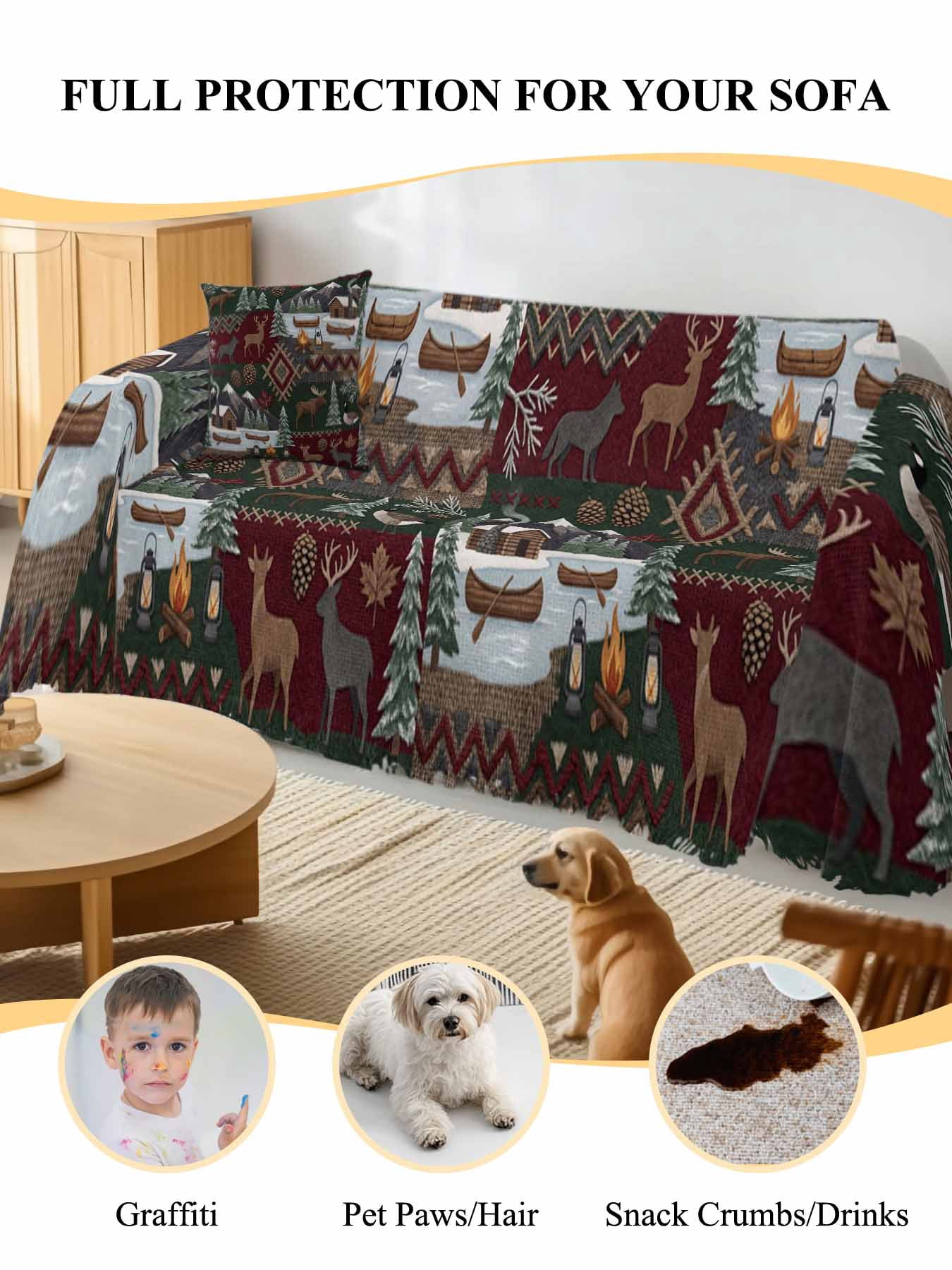 Western Boho Couch Cover, Farmhouse Country Rustic Chic Wild Nature Cabin Deer Oversized Sofa Cover Blanket for 3 Cushion Couch, Sectional Sofa Slipcover Protector for Living Room Bedroom 71''x150''