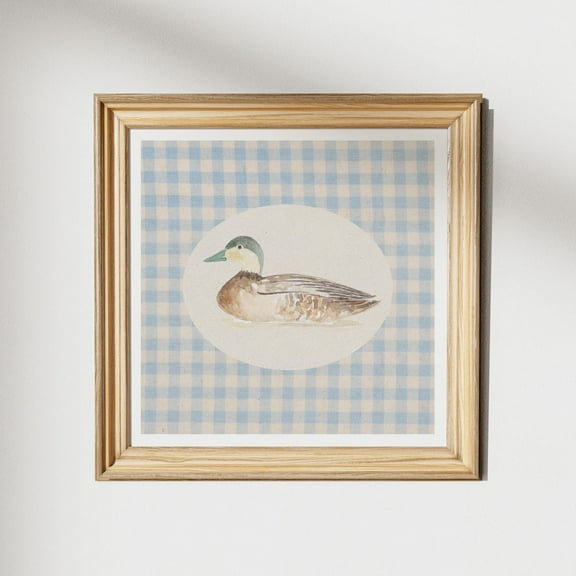 Vintage Gingham Mallard Duck Print, Kitchen, Living Room Art, Blue Thin Line, Nursery, Square Art Wall Art, Modern Wall Decor, 16x16 UNFRAMED