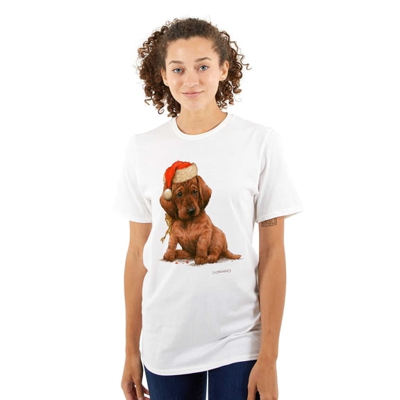 Christmas Brown Puppy Santa Hat Women's Graphic T Shirt Tees Brisco Brands S