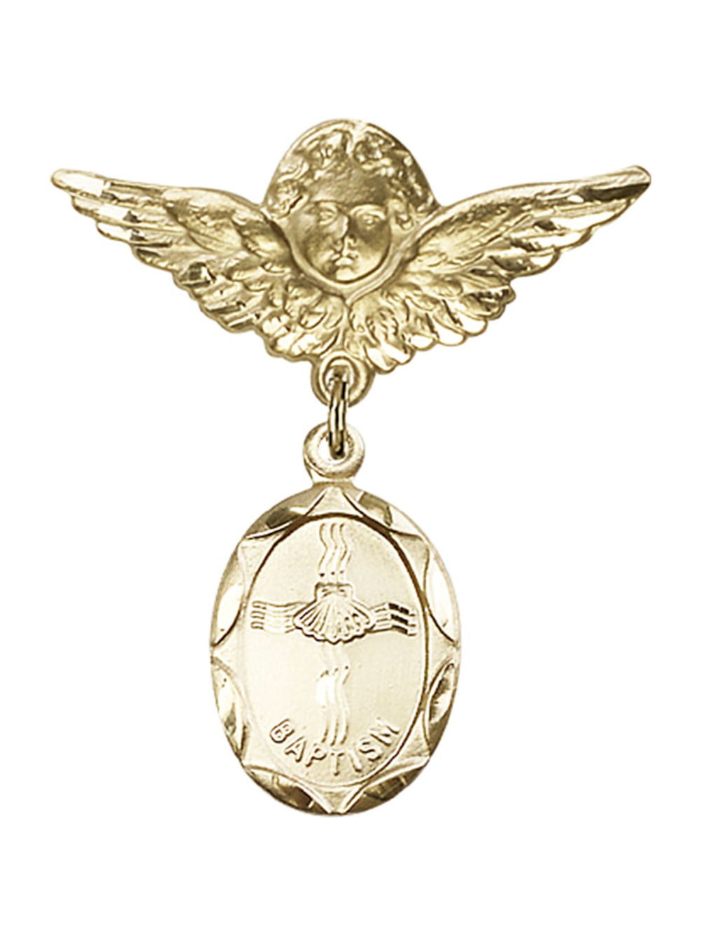 Gold Filled Baby Badge with Baptism Charm and Angel/Wings Pin