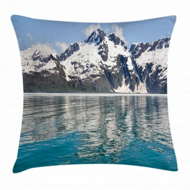 Alaska Throw Pillow Cushion Cover, Aialik Bay Kenai Fjords Arctic Landscape Northern American Idyllic, Decorative Square Accent Pillow Case, 18 X 18 Inches, Aqua Sky Blue Forest Green, by Ambesonne