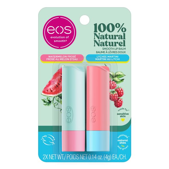 eos 100% Natural Lip Balm Sticks- Watermelon Frosé and Lychee Martini, All-Day Moisture