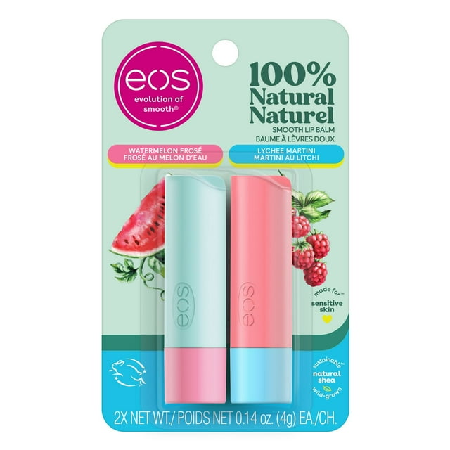 eos 100% Natural Lip Balm Sticks- Watermelon Frosé and Lychee Martini, All-Day Moisture