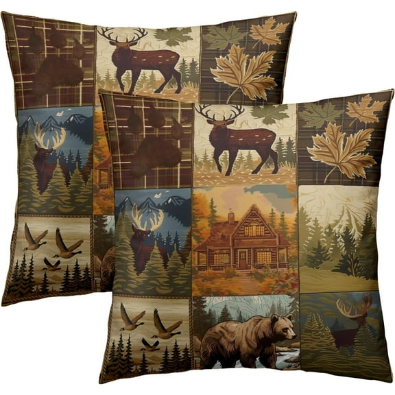 Retro Bear Deer Throw Pillow Covers Set of 2 Rustic Cabin Pillow Cases Farmhouse Decorative Cushion Cover for Home Sofa Couch Chair