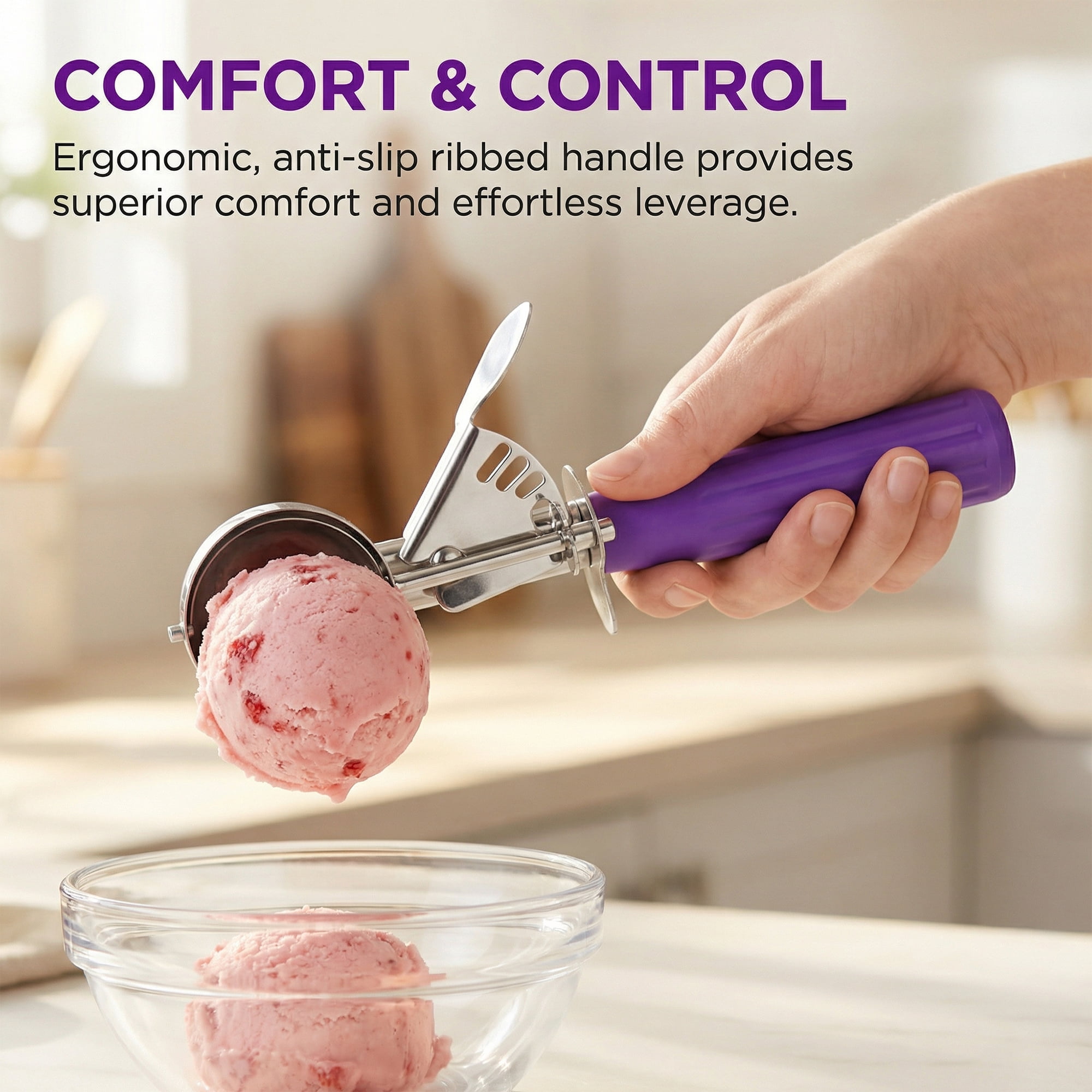 Unique Bargains Stainless Steel Ice Cream Scoop Purple 7.7in