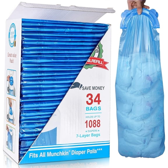Diaper Pail Refill Bags, 1088 Counts 34 Bags, Compatible with Arm & Hammer System