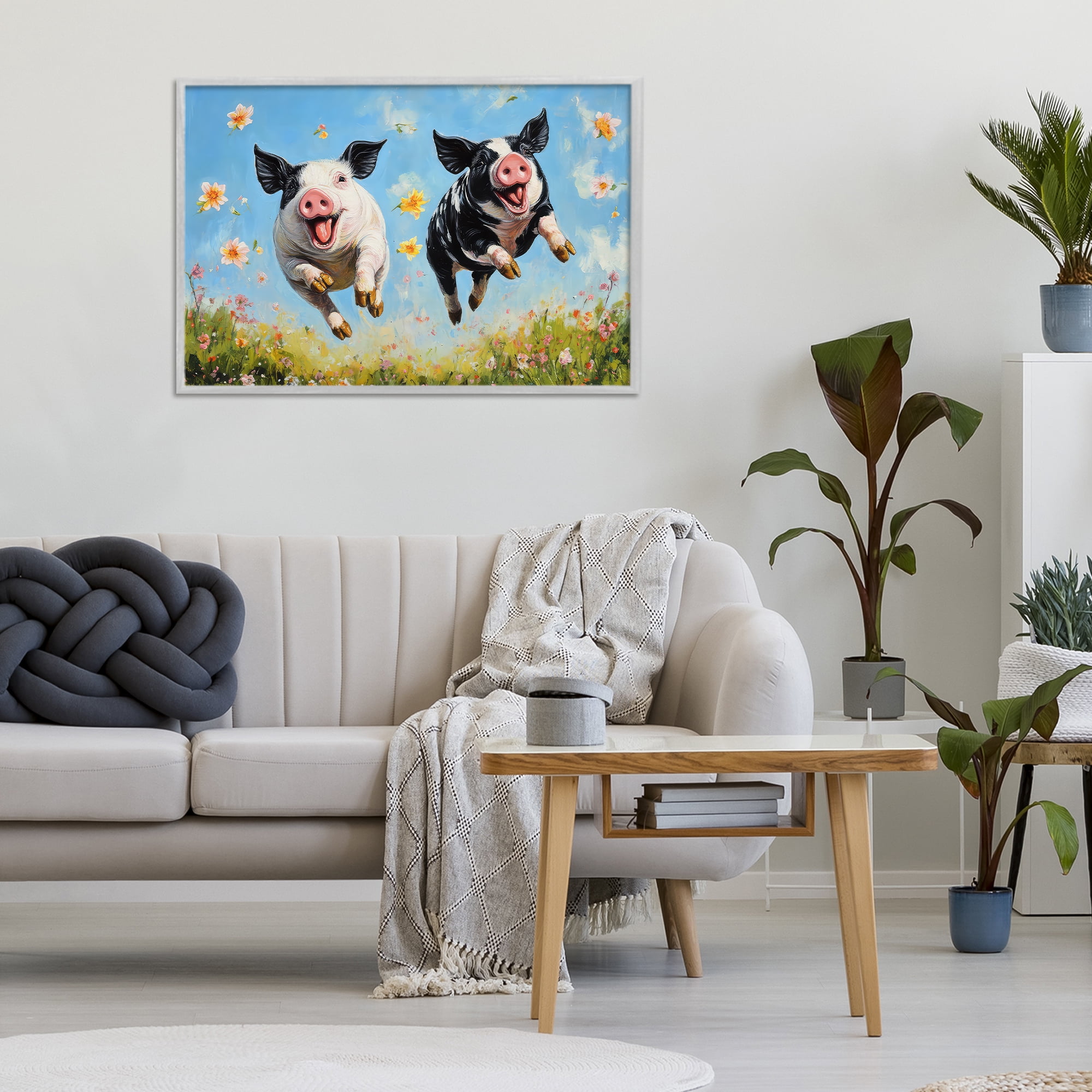 Stupell Industries Flying Pigs & Flowers Gray Framed Giclee Art, design by The Wands Want