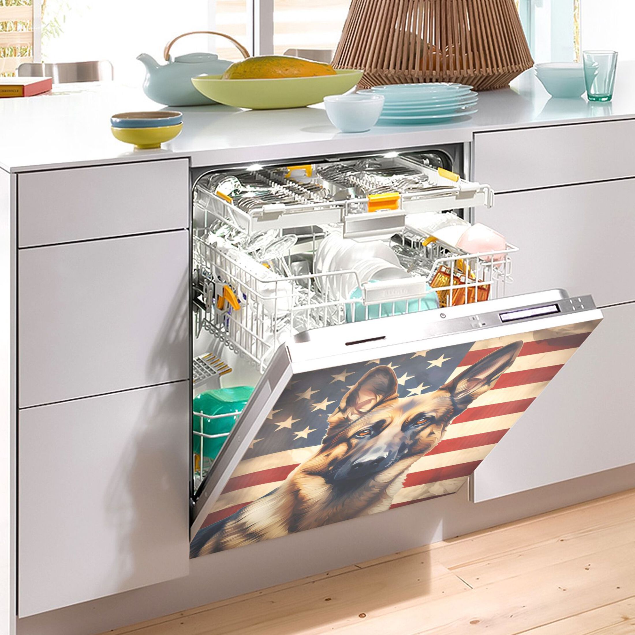 Dog German Shepherd American Flag Dishwasher Magnet Cover Reuseable Refrigerator Magnet Cover Decal Fridge Microwave Stickers Hoilday Party Decor 23 x 26 Inch