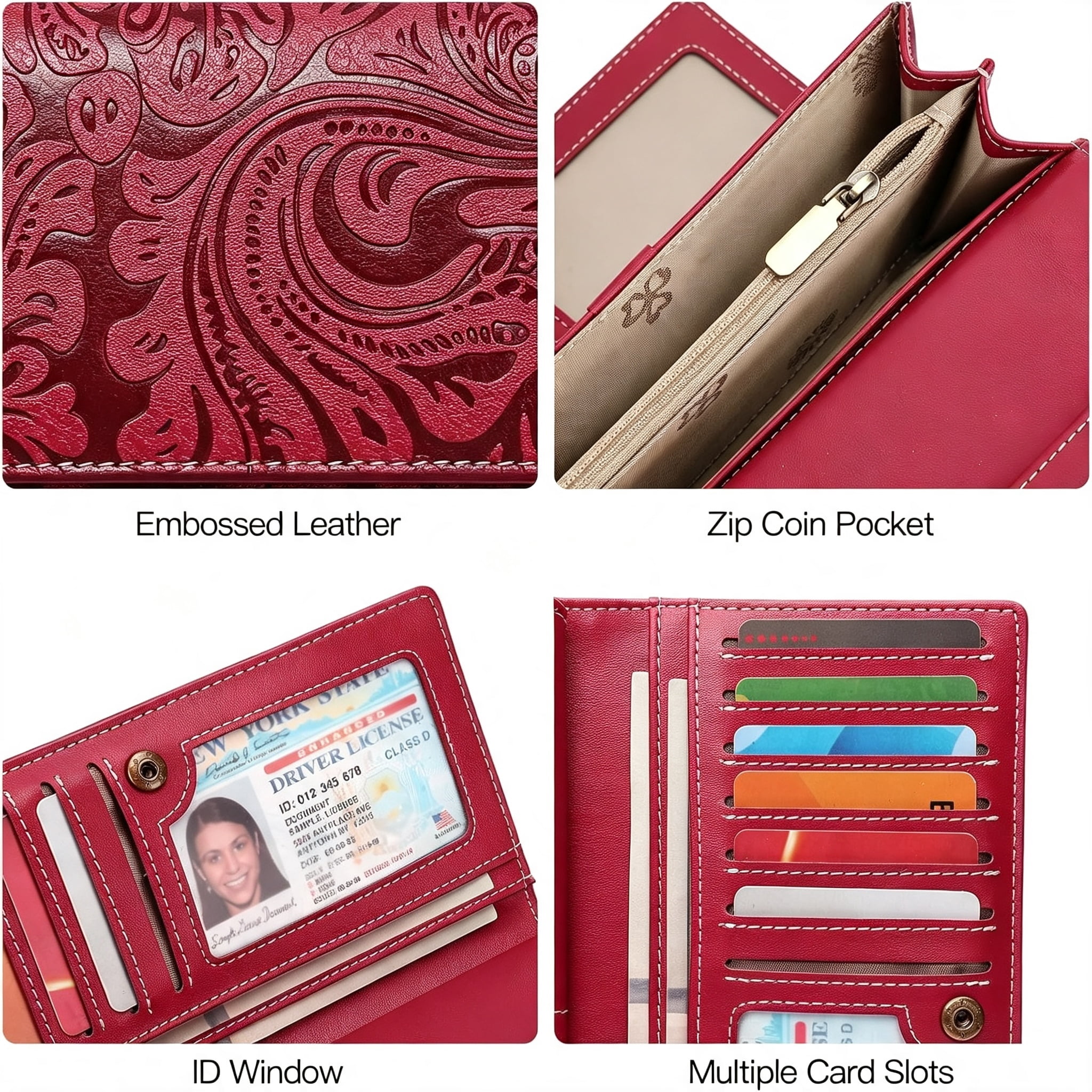 GASTROPOD Leather Wallets for Women Rfid Blocking Western Clutch Red | Embossed Design,Trifold,Large Billfolds,Vintage Flower,Ladies Purses with Zipper Coin Pocket
