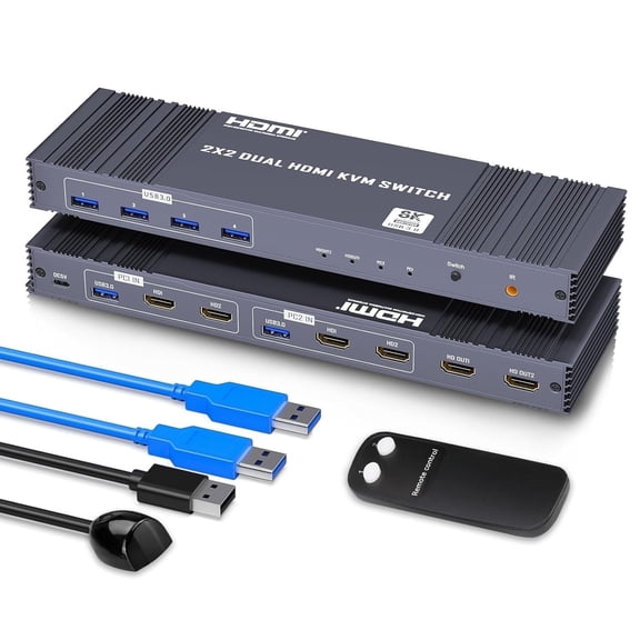 8K Dual HDMI KVM Switch 2 Monitors 2 Computers 8K@60Hz/4K@144Hz,Support 2 Computer Dual Monitors and 4 USB 3.0 Devices,Share Keyboard Mouse Printer with IR Controller