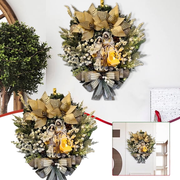 BOBOMOTI Christmas Wreath Decorations, Large Christmas Front Door Wreaths with Lights, Nativity Scene Door Decor Xmas Home Decor