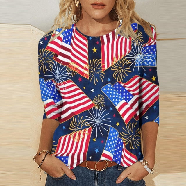 Hauts pour Femmes Mode Manches Trois-Quarts Col Rond Rétro Imprimé Indépendance Blouse Ample Manches Trois-Quarts Hauts de Sortie pour Femmes en Solde