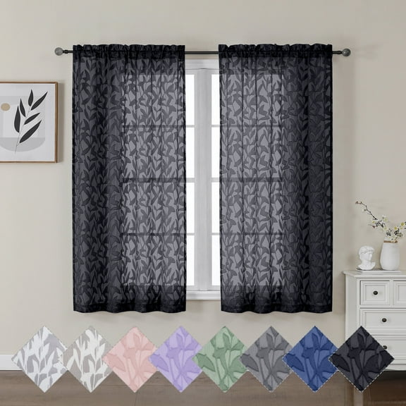 OVZME Leila Sheer Black Curtain 54 Inch Length 2 Panels Set, Soft Small Window Curtain with Clip Leaf, Rod Pocket Cortinas Para Ventanas Panels for Bedroom Living Room, 40Wx54L Inch, Black