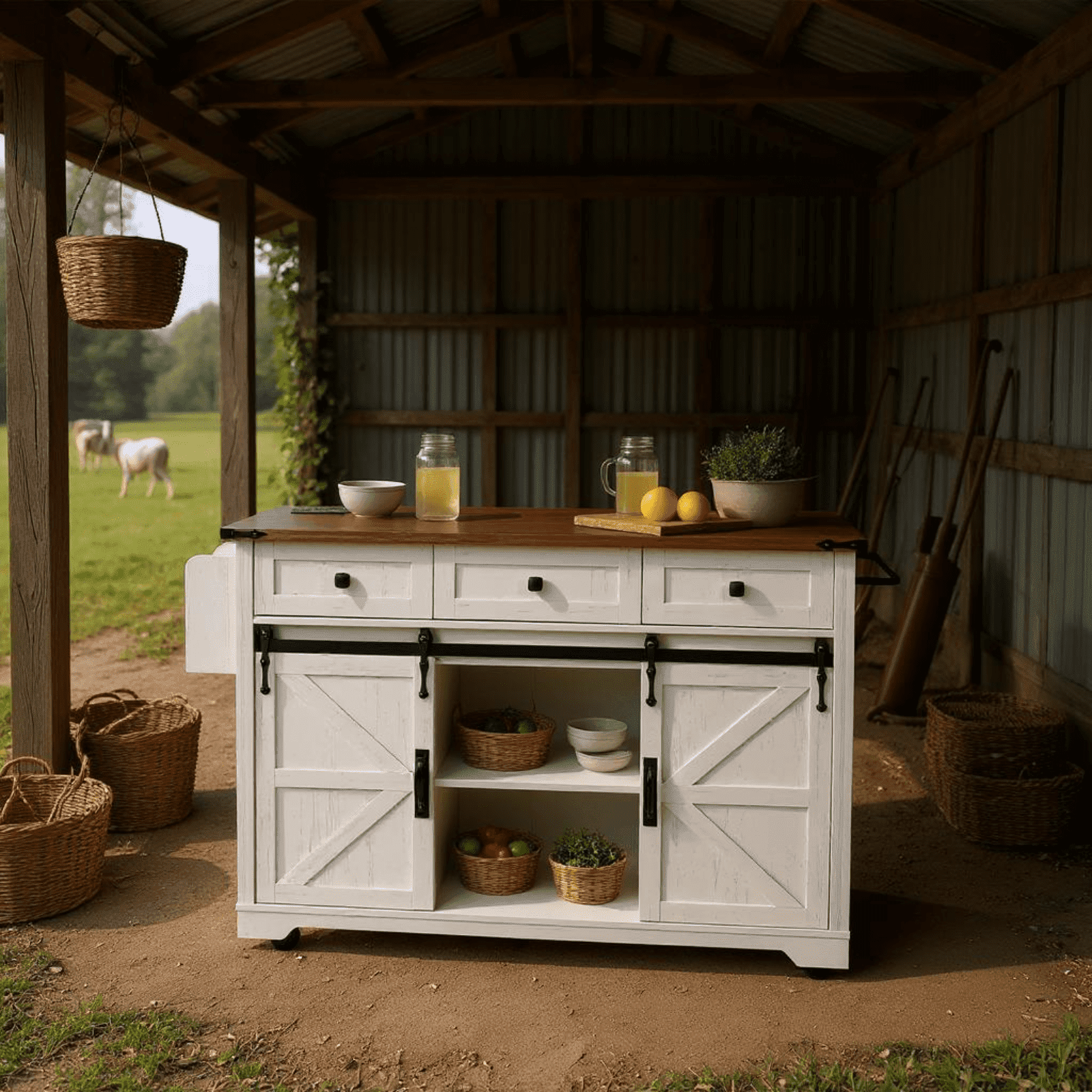 Homy Casa Farmhouse 53.7" Rolling Kitchen Island with Storage Cabinet, Sliding Barn Doors, Wood Top Storage Cart