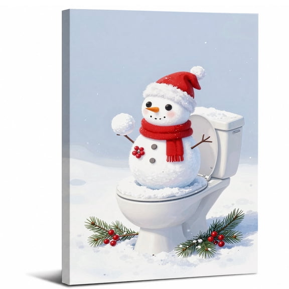 Christmas Snowman Canvas Wall Art Framed,Santa Hat and Red Scarf Landscape canvas print for bathroom bedroom or living room decor,8x12in