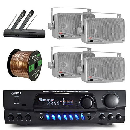 200 Watt Floor Standing Speaker - Pyle PT265BT Bluetooth 200 Watt Digital Karakoe Receiver Amplifier Bundle Combo With 4x 3'' Inch 3-Way Wall Mount Speakers + Wireless Handheld Dual Microphone System + Enrock 50 Ft 16g Speaker Wire