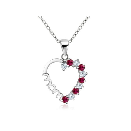 Sterling Silver Mop - Sterling Silver Created White Sapphire Created Ruby Heart MOM Pendant 18