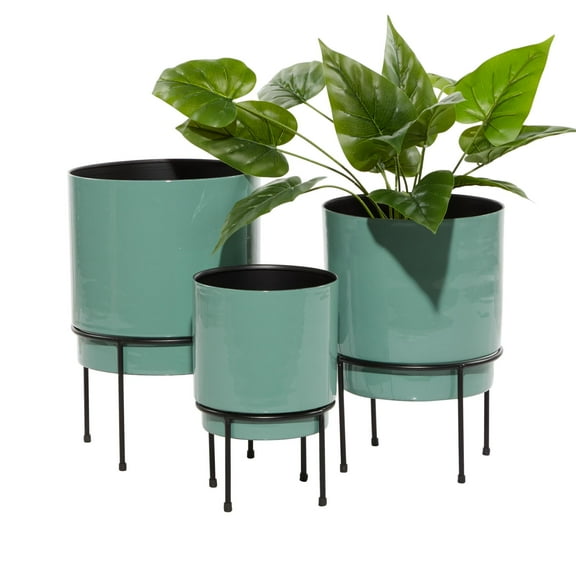 DecMode 10", 13", 14"H Teal Metal Planter with Removable Black Stand (3 Count)