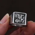 thumbnail image 5 of Vintage 14K Yellow Gold Saint Michael Protective Ring Mens Punk Roman Paladin Badge Biker Ring Jewelry, 5 of 9