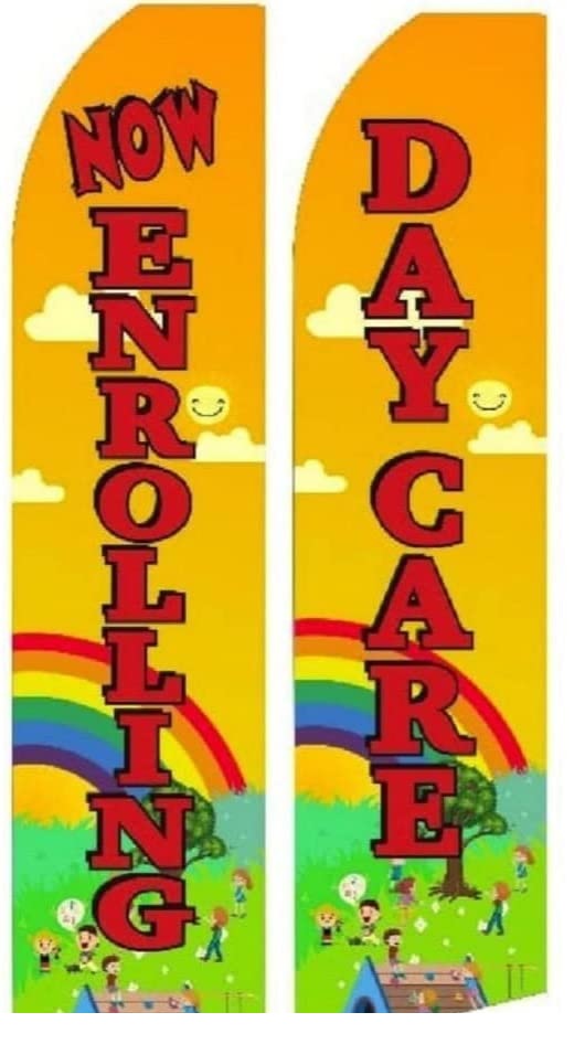 Daycare + Now Enrolling Combo Flags Red Lettering without Poles