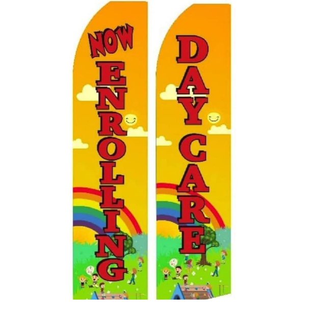 Daycare + Now Enrolling Combo Flags Red Lettering without Poles