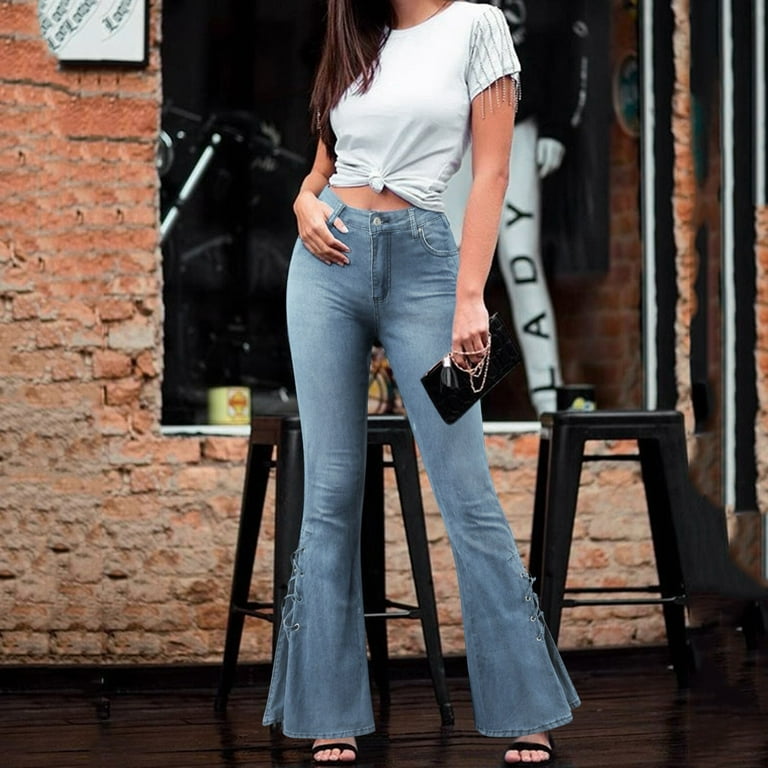 Bell Bottom Jeans for Women Mid-Waist Lace-Up Denim Trousers